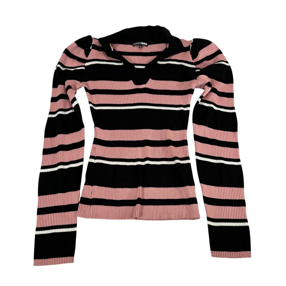 Fashion Nova Pink Black Striped Ribbed Puff Sleeve Collared Top RAD2213FN Small